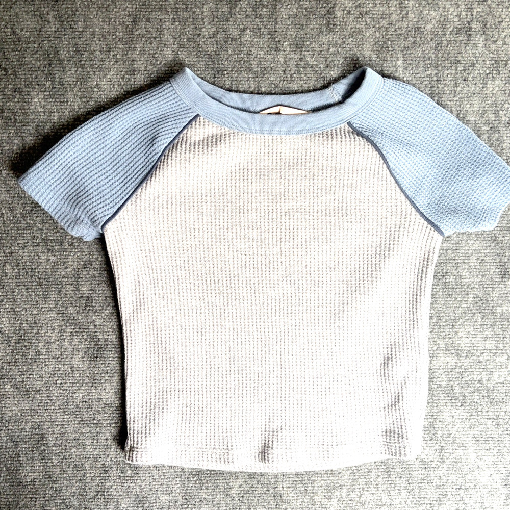 SO Waffle Knit Crop Top Womens XS Gray Blue Raglan Short Sleeve Casual Tee